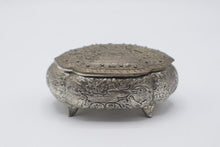 Load image into Gallery viewer, Vintage Japan Silver Tone Repousse Trinket Box Red Lined Figural Lid
