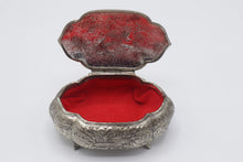 Load image into Gallery viewer, Vintage Japan Silver Tone Repousse Trinket Box Red Lined Figural Lid
