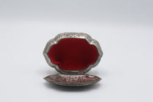 Load image into Gallery viewer, Vintage Japan Silver Tone Repousse Trinket Box Red Lined Figural Lid
