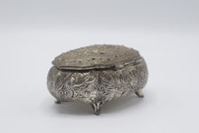 Load image into Gallery viewer, Vintage Japan Silver Tone Repousse Trinket Box Red Lined Figural Lid
