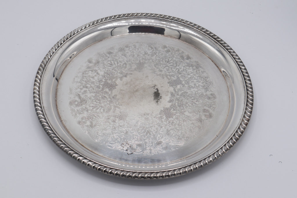 Wm Rogers Silver Plate Round Platter #171 – Etched Floral Design with Rope Edge