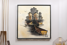 Load image into Gallery viewer, Mid Century Boats on the Dock by Brent - Oil on Canvas signed Brent
