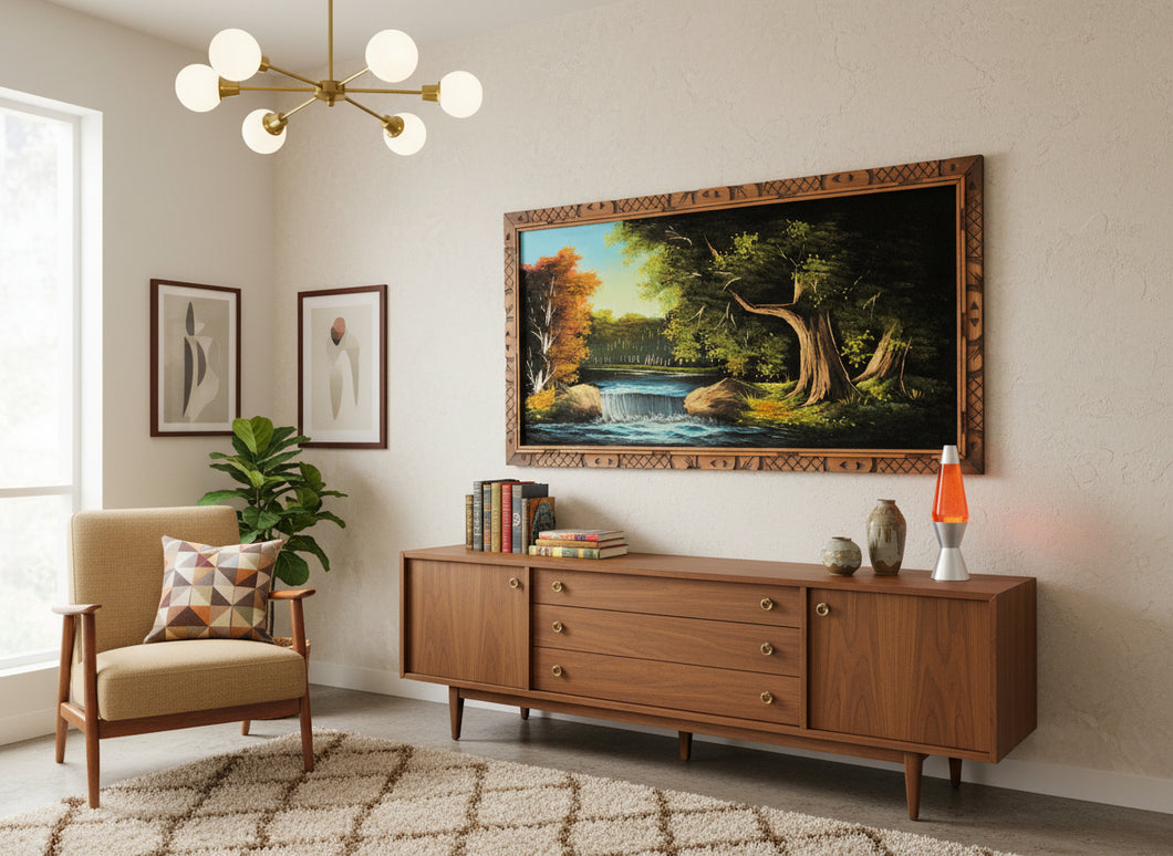 Mid-Century Felt Landscape Painting with Hand-Carved Wooden Frame – 49