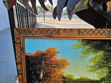 Load image into Gallery viewer, Mid-Century Felt Landscape Painting with Hand-Carved Wooden Frame – 49&quot; x 25.5&quot; – Waterfall Forest Scene Wall Art
