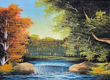 Load image into Gallery viewer, Mid-Century Felt Landscape Painting with Hand-Carved Wooden Frame – 49&quot; x 25.5&quot; – Waterfall Forest Scene Wall Art
