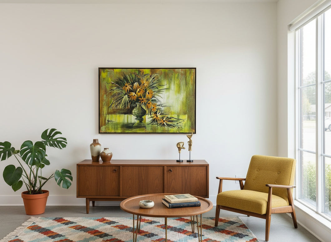 Oversized Mid-Century Modern Floral Still Life Painting by Moran – 41.5