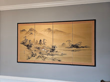 Load image into Gallery viewer, Japanese Four Panel Landscape Byobu Screen Ink Landscape Village Mountain Scene
