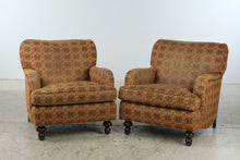 Load image into Gallery viewer, Pair of Traditional Upholstered Club Chairs with Patterned Fabric and Turned Wood Legs
