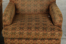 Load image into Gallery viewer, Pair of Traditional Upholstered Club Chairs with Patterned Fabric and Turned Wood Legs
