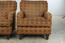 Load image into Gallery viewer, Pair of Traditional Upholstered Club Chairs with Patterned Fabric and Turned Wood Legs
