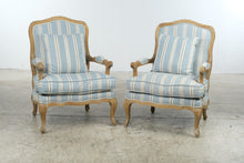 Load image into Gallery viewer, Pair of French Provincial Louis XV Style Bergère Armchairs – Blue Striped Upholstery &amp; Down Cushions
