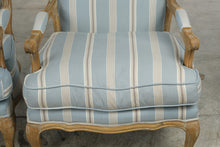 Load image into Gallery viewer, Pair of French Provincial Louis XV Style Bergère Armchairs – Blue Striped Upholstery &amp; Down Cushions
