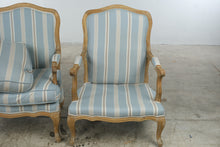 Load image into Gallery viewer, Pair of French Provincial Louis XV Style Bergère Armchairs – Blue Striped Upholstery &amp; Down Cushions
