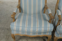 Load image into Gallery viewer, Pair of French Provincial Louis XV Style Bergère Armchairs – Blue Striped Upholstery &amp; Down Cushions
