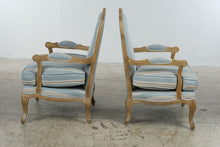 Load image into Gallery viewer, Pair of French Provincial Louis XV Style Bergère Armchairs – Blue Striped Upholstery &amp; Down Cushions
