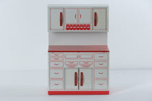 Load image into Gallery viewer, Vintage 1950s Wolverine Tin Toy Kitchen Cabinet with Upper Hutch #2 – Red &amp; White Lithographed Metal
