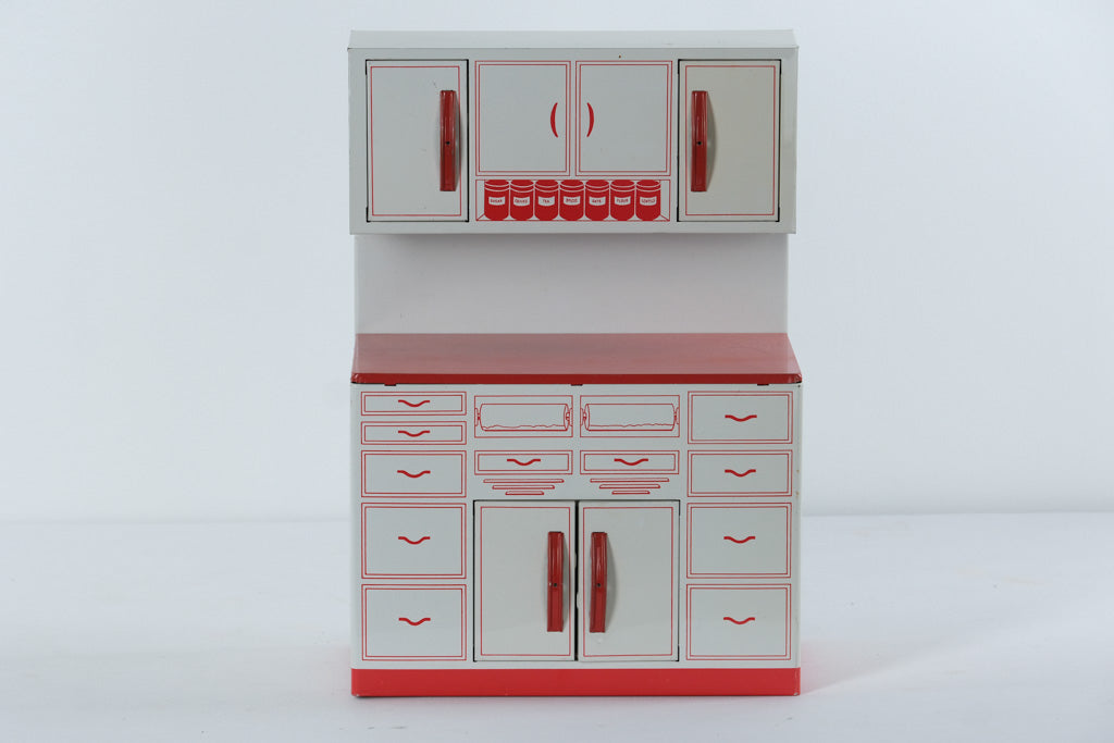 Vintage 1950s Wolverine Tin Toy Kitchen Cabinet with Upper Hutch #2 – Red & White Lithographed Metal
