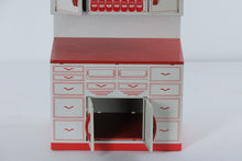 Load image into Gallery viewer, Vintage 1950s Wolverine Tin Toy Kitchen Cabinet with Upper Hutch #2 – Red &amp; White Lithographed Metal
