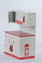 Load image into Gallery viewer, Vintage 1950s Wolverine Tin Toy Kitchen Cabinet with Upper Hutch #2 – Red &amp; White Lithographed Metal
