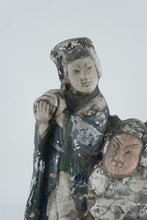 Load image into Gallery viewer, Antique-Style Chinese Polychrome Earthenware Figure Group – Scholar &amp; Attendant Folk Art Sculpture, 17” Tall
