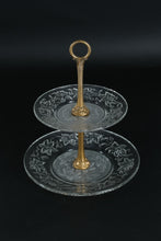 Load image into Gallery viewer, Vintage Two Tier Etched Glass Dessert Stand with Brass Handle Floral Motif
