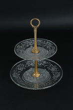Load image into Gallery viewer, Vintage Two Tier Etched Glass Dessert Stand with Brass Handle Floral Motif
