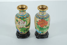 Load image into Gallery viewer, Pair of Chinese Cloisonné Miniature Vases on Wood Stands – Floral &amp; Butterfly Motifs – 5" Tall
