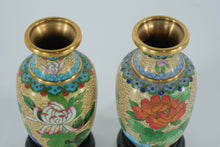 Load image into Gallery viewer, Pair of Chinese Cloisonné Miniature Vases on Wood Stands – Floral &amp; Butterfly Motifs – 5" Tall

