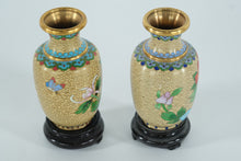 Load image into Gallery viewer, Pair of Chinese Cloisonné Miniature Vases on Wood Stands – Floral &amp; Butterfly Motifs – 5" Tall
