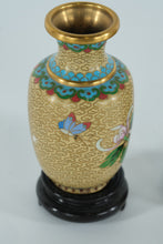 Load image into Gallery viewer, Pair of Chinese Cloisonné Miniature Vases on Wood Stands – Floral &amp; Butterfly Motifs – 5" Tall

