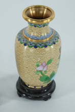 Load image into Gallery viewer, Pair of Chinese Cloisonné Miniature Vases on Wood Stands – Floral &amp; Butterfly Motifs – 5" Tall
