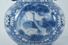 Load image into Gallery viewer, Large Blue and White Porcelain Double Handle Vase Crane Bird Motif 15.5 Inch
