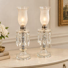 Load image into Gallery viewer, Vintage Crystal Prism Hurricane Boudoir Table Lamps Pair Etched Glass Shades
