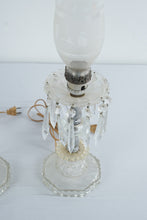 Load image into Gallery viewer, Vintage Crystal Prism Hurricane Boudoir Table Lamps Pair Etched Glass Shades
