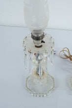 Load image into Gallery viewer, Vintage Crystal Prism Hurricane Boudoir Table Lamps Pair Etched Glass Shades
