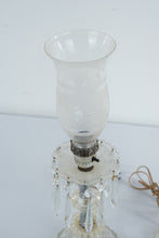Load image into Gallery viewer, Vintage Crystal Prism Hurricane Boudoir Table Lamps Pair Etched Glass Shades
