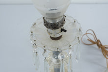 Load image into Gallery viewer, Vintage Crystal Prism Hurricane Boudoir Table Lamps Pair Etched Glass Shades
