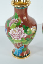 Load image into Gallery viewer, Pair of Chinese Cloisonné Vases – Copper-Red Ground with Peony &amp; Stream Motif (11" Tall)
