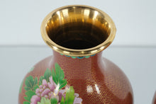 Load image into Gallery viewer, Pair of Chinese Cloisonné Vases – Copper-Red Ground with Peony &amp; Stream Motif (11" Tall)
