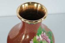 Load image into Gallery viewer, Pair of Chinese Cloisonné Vases – Copper-Red Ground with Peony &amp; Stream Motif (11" Tall)
