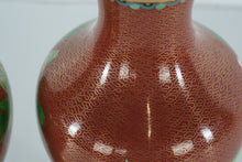 Load image into Gallery viewer, Pair of Chinese Cloisonné Vases – Copper-Red Ground with Peony &amp; Stream Motif (11" Tall)
