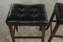 Load image into Gallery viewer, Pair of 30-Inch Backless Bar Stools – Black Tufted Seats &amp; Wood Legs
