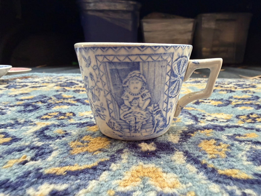 Antique British Blue Transferware Cup – Victorian Cottage Scene with Child & Cat, Rd No. 106741 (c. 1880s)