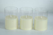 Load image into Gallery viewer, Set of 3 Battery-Powered LED Flameless Candles – Cream with Clear Glass Holders
