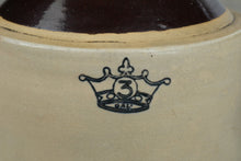 Load image into Gallery viewer, Vintage 3 Gallon Stoneware Jug Brown Glaze Crown Mark Primitive Crock
