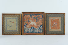 Load image into Gallery viewer, Set of 3 Framed Asian Silk Embroidery Panels Bamboo Frame Crane Floral

