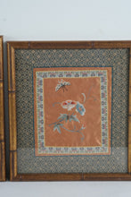 Load image into Gallery viewer, Set of 3 Framed Asian Silk Embroidery Panels Bamboo Frame Crane Floral
