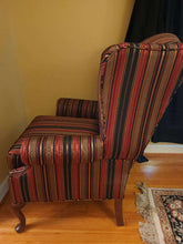 Load image into Gallery viewer, Pair of Broadmoor Wingback Chairs – Bold Striped Upholstery, Classic Carved Legs, Accent Pillows
