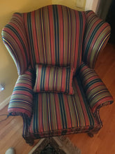 Load image into Gallery viewer, Pair of Broadmoor Wingback Chairs – Bold Striped Upholstery, Classic Carved Legs, Accent Pillows
