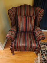 Load image into Gallery viewer, Pair of Broadmoor Wingback Chairs – Bold Striped Upholstery, Classic Carved Legs, Accent Pillows
